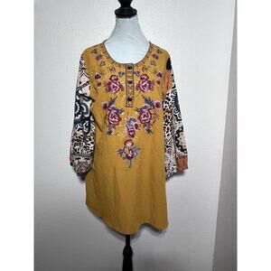 Caleoas BOHO Patchwork Blouse Embroidered Floral Buttons Size L Long Sleeve